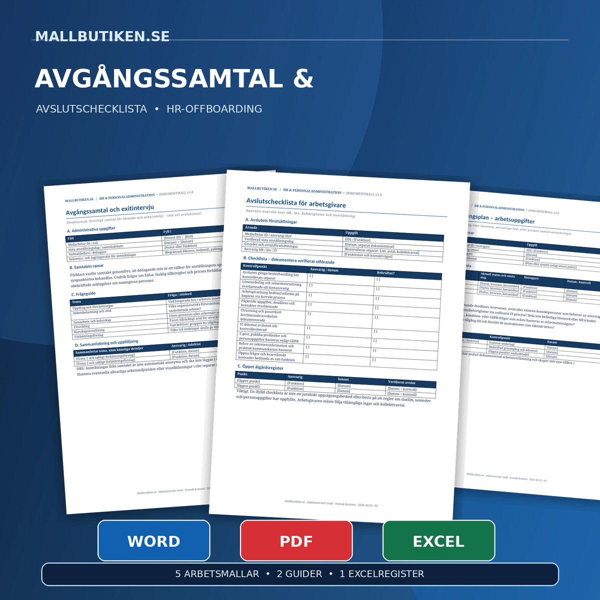 Avgångssamtal och avslutschecklista för HR i Word PDF och Excel