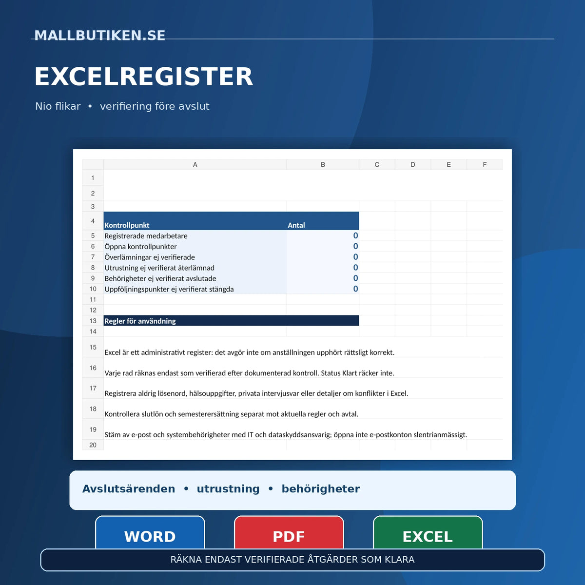 Excelregister med nio flikar för HR-offboarding och uppföljning
