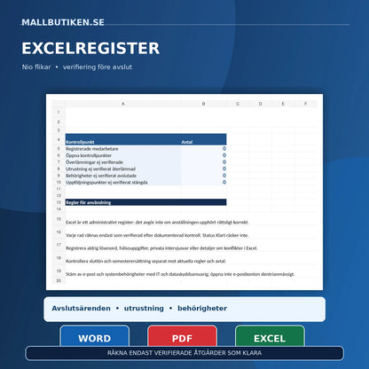 Excelregister med nio flikar för HR-offboarding och uppföljning