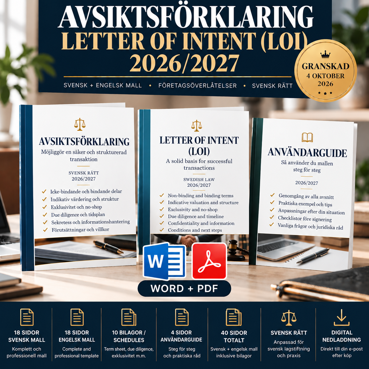 Avsiktsförklaring Letter of Intent LOI mallpaket 2026/2027 i Word och PDF enligt svensk rätt