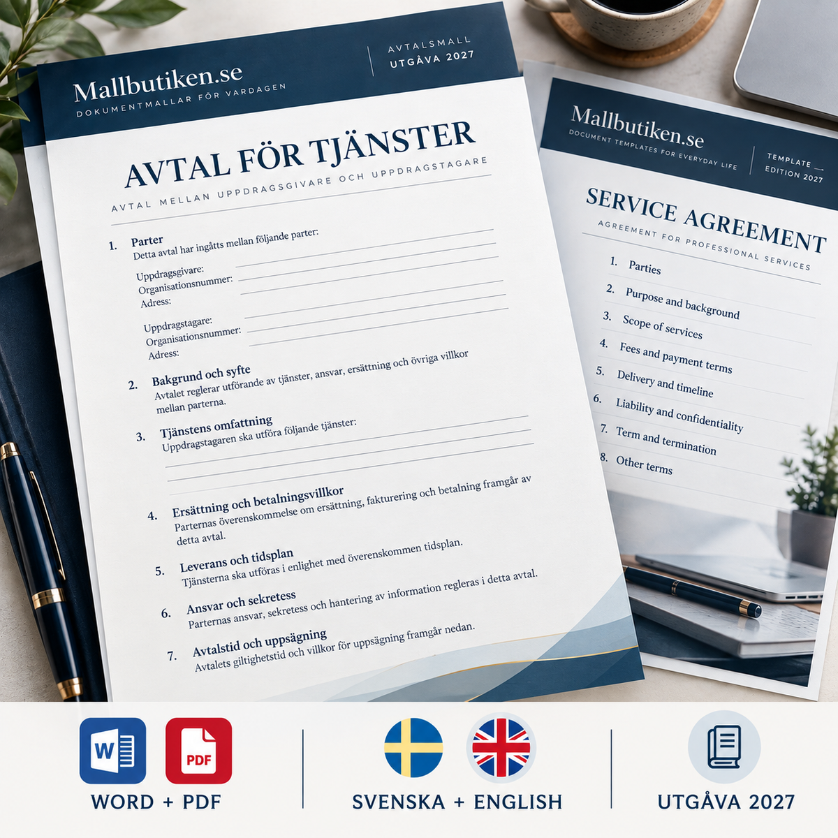 Avtal för tjänster B2B svensk huvudmall och English Service Agreement Word PDF 2027