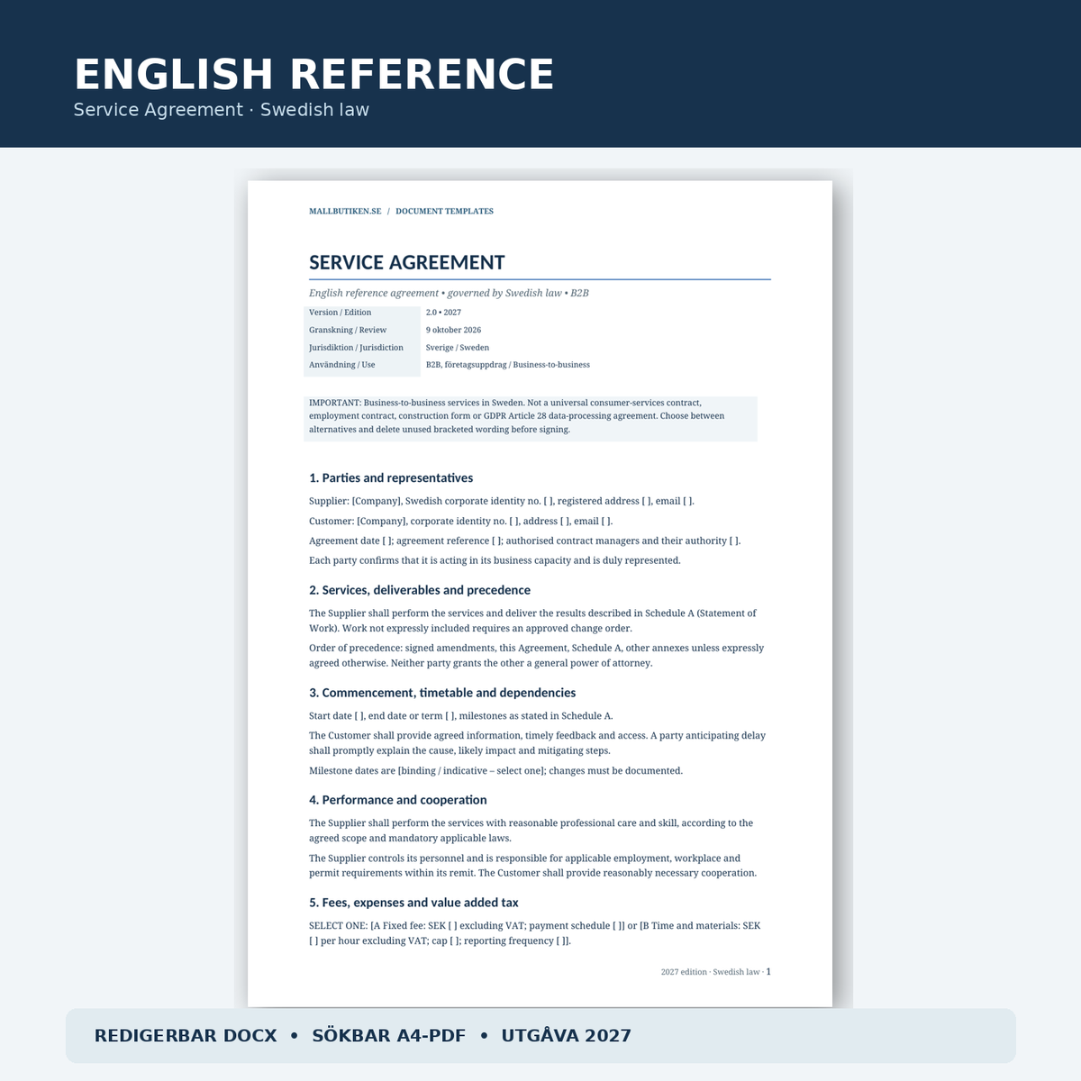 Förhandsvisning av engelskt Service Agreement enligt svensk rätt