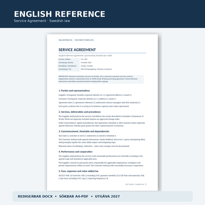 Förhandsvisning av engelskt Service Agreement enligt svensk rätt