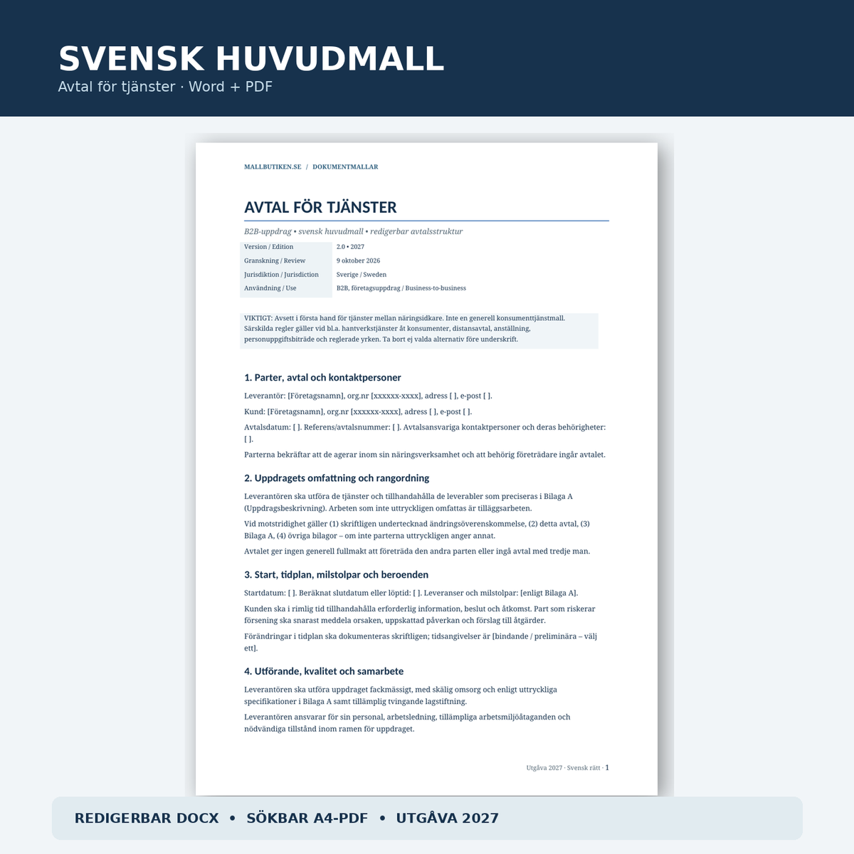 Förhandsvisning av svensk huvudmall avtal för tjänster 2027