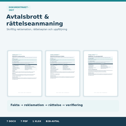 Avtalsbrott rättelseanmaning 2027 B2B – redigerbar reklamationsmall Word PDF Excel