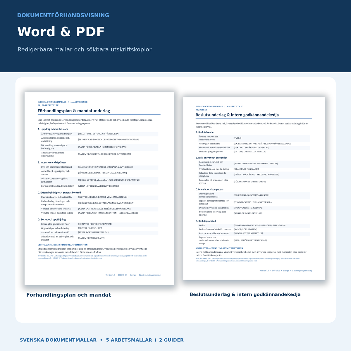 Förhandlingsplan och internt beslutsunderlag – faktiska mallar i Word och PDF