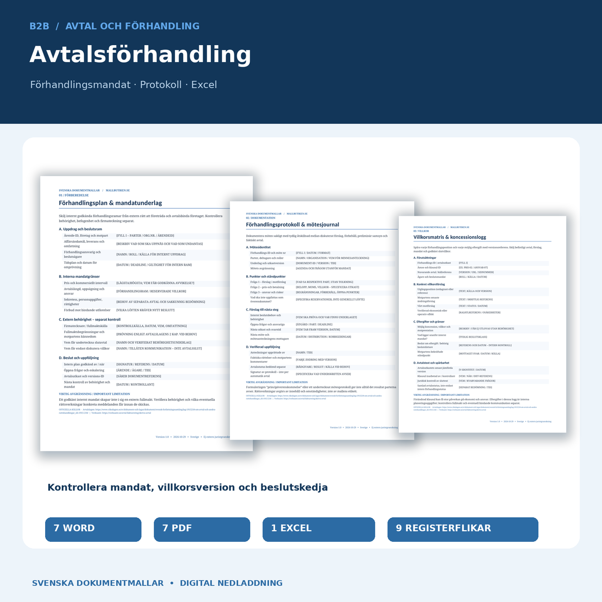 Avtalsförhandling och förhandlingsmandat B2B – Word PDF och Excel med verkliga dokumentutdrag