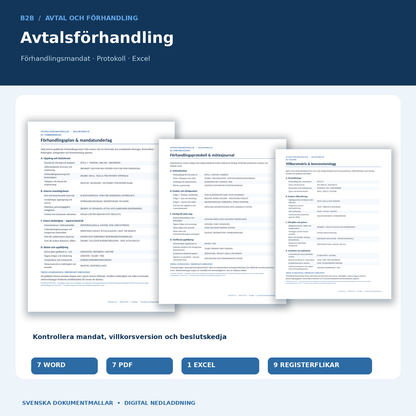 Avtalsförhandling och förhandlingsmandat B2B – Word PDF och Excel med verkliga dokumentutdrag