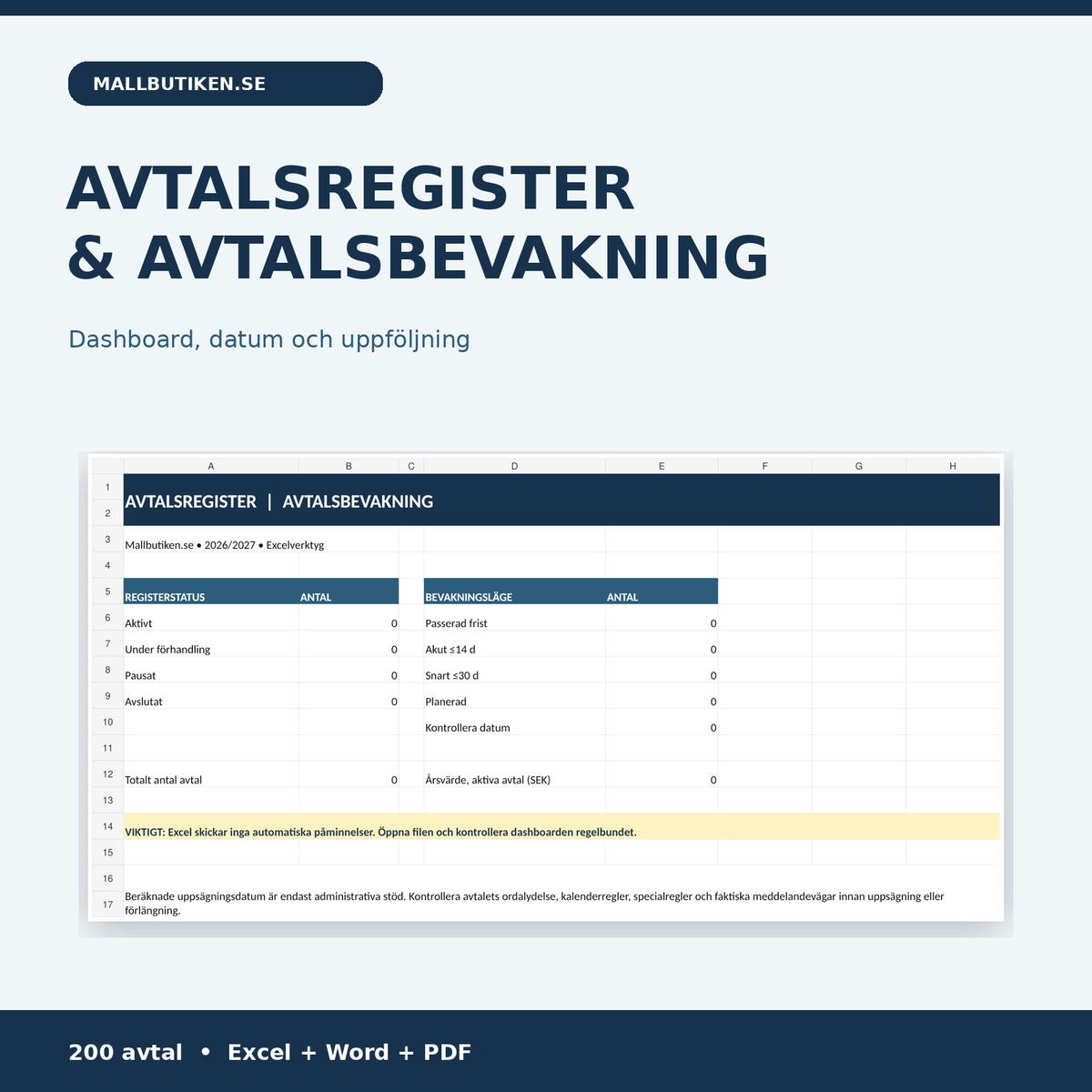 Avtalsregister avtalsbevakning 2026/2027 Excel Word PDF