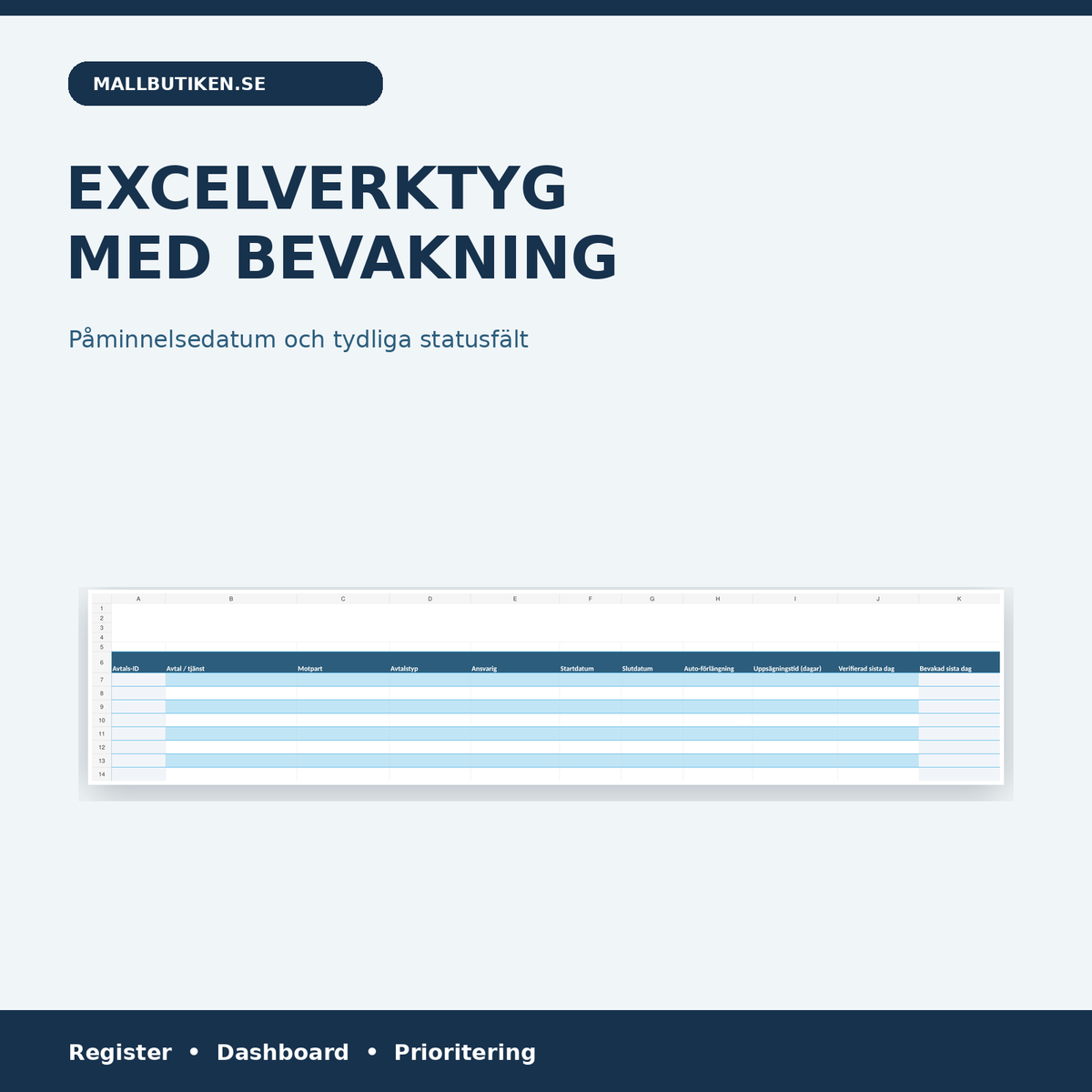 Excel avtalsregister med 200 poster, dashboard och bevakningsdatum