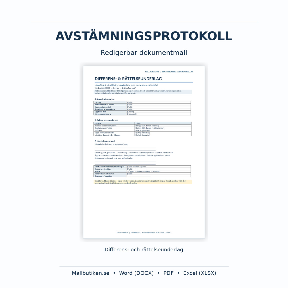 Bankavstämning – differens- och rättelseunderlag som redigerbar dokumentmall