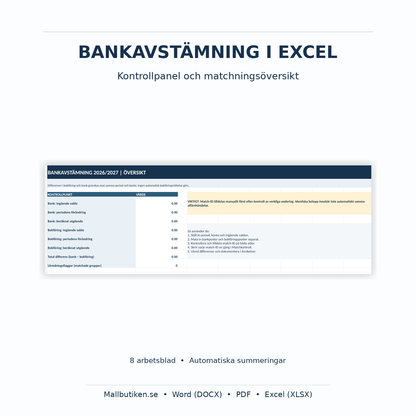 Bankavstämning Excel – kontrollpanel med bank- och bokföringssaldo och avvikelsemarkeringar
