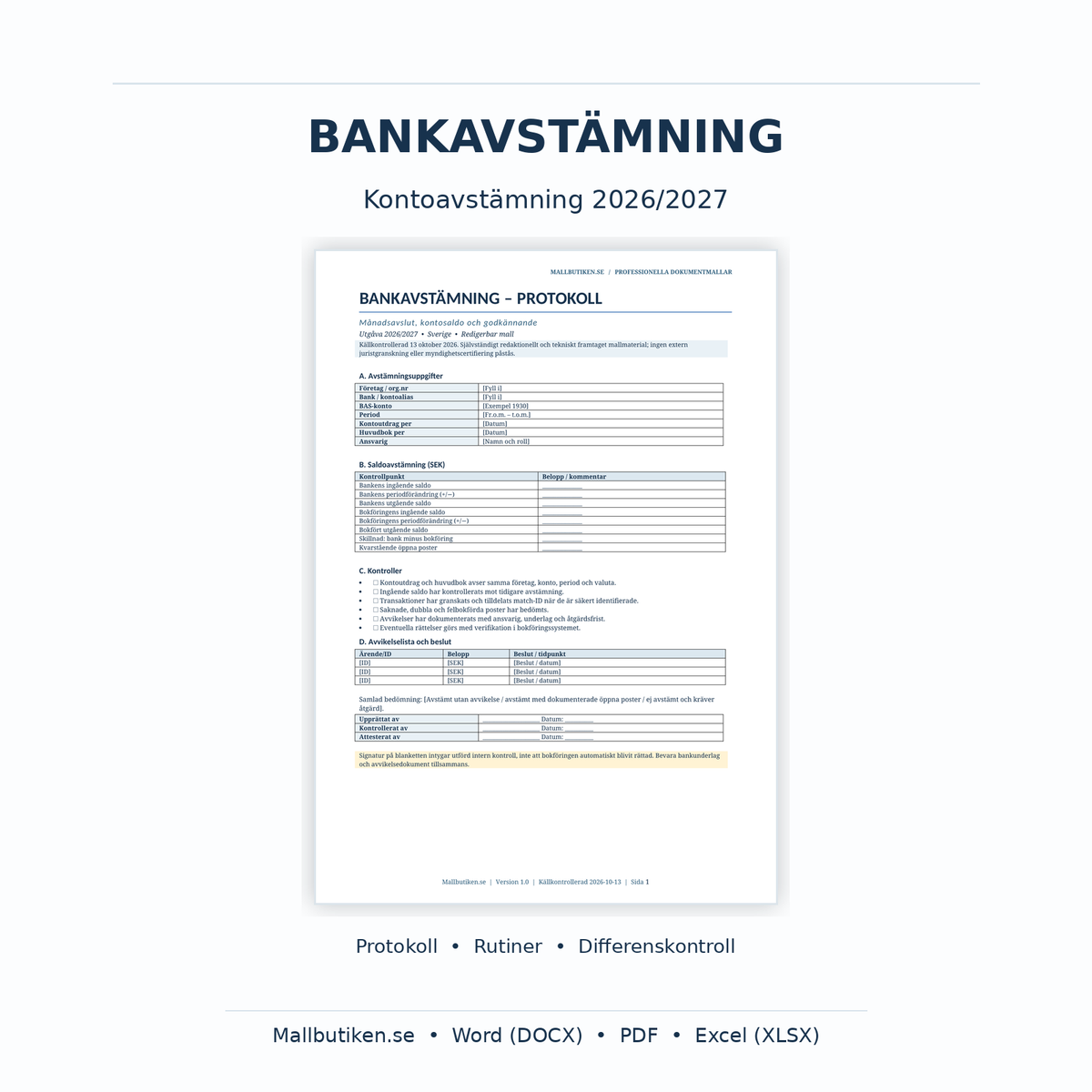 Bankavstämning 2026/2027 mallpaket i Excel Word och PDF – bankavstämningsprotokoll