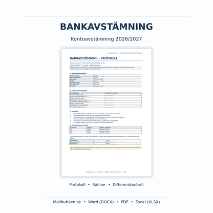 Bankavstämning 2026/2027 mallpaket i Excel Word och PDF – bankavstämningsprotokoll