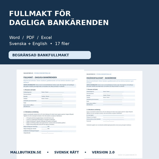 Fullmakt för dagliga bankärenden – svensk och engelsk mall Word PDF Excel