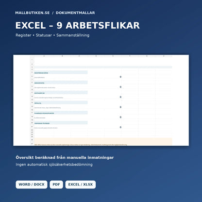 Excelöversikt med nio flikar för fritidsbåtens service, kostnader och status