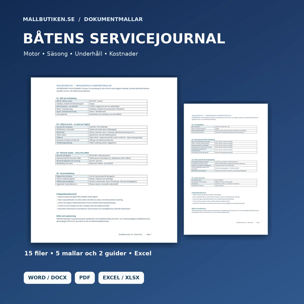 Båtens servicejournal – huvudbild med autentisk svensk dokumentmall i Word och PDF