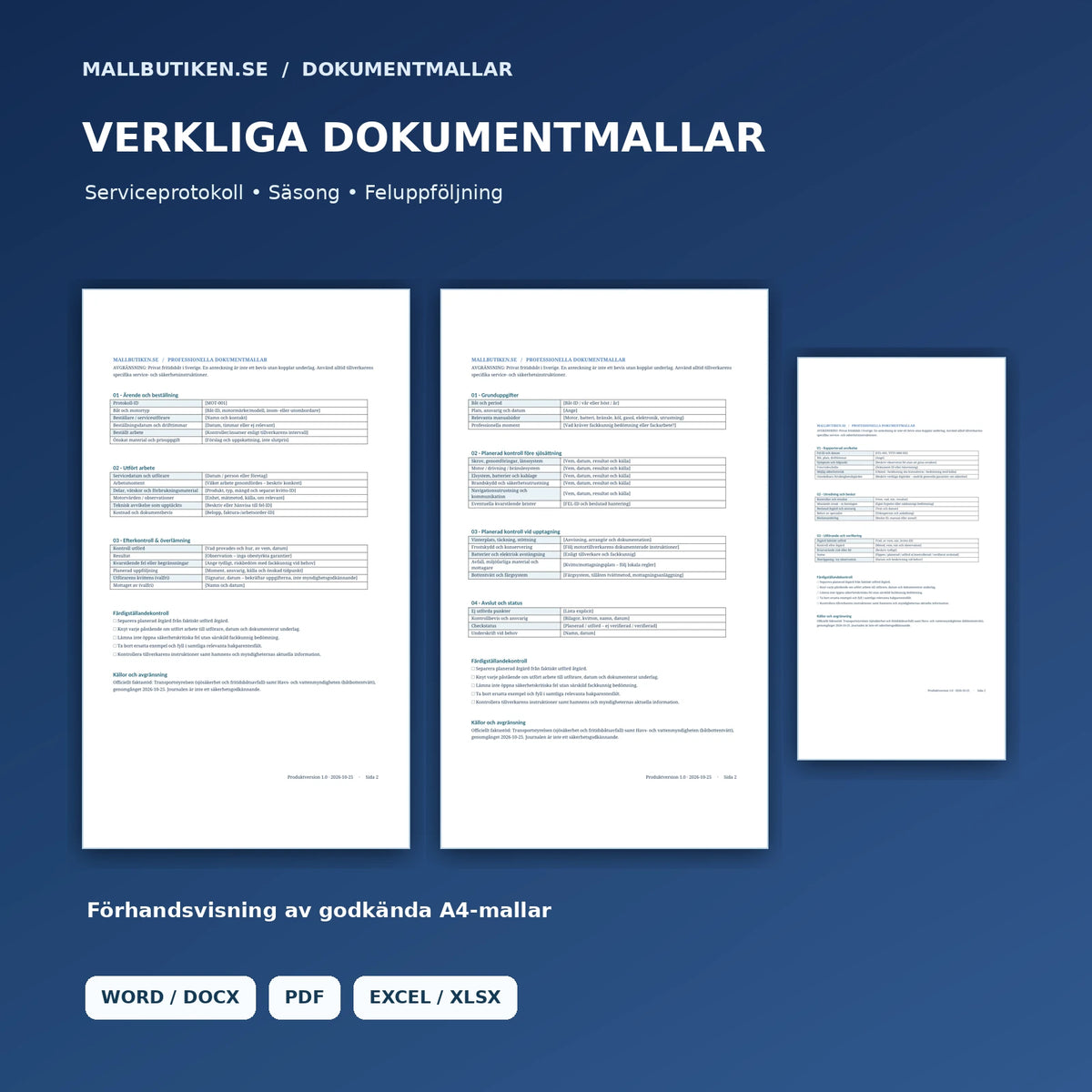 Förhandsvisning av motorserviceprotokoll, säsongschecklista och felrapport