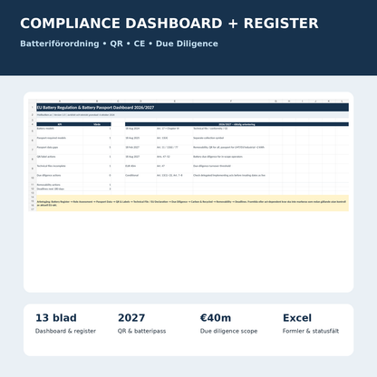 Batteriförordning compliance dashboard Excel QR CE due diligence 2026 2027