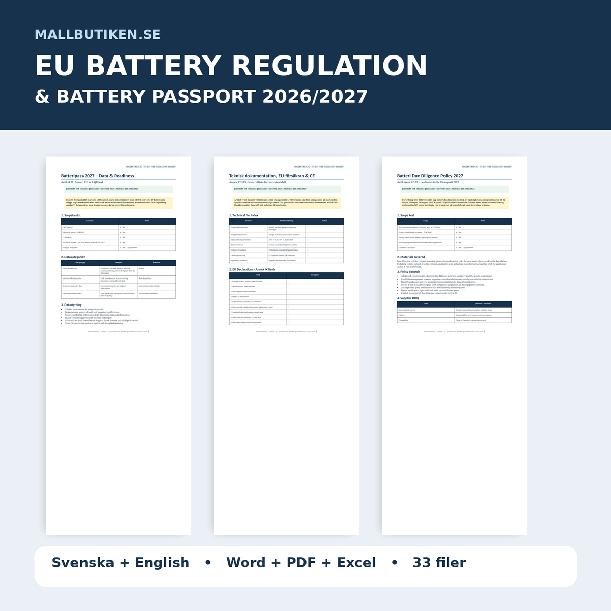 EU Batteriförordning och batteripass 2026/2027 svenska engelska Word PDF Excel