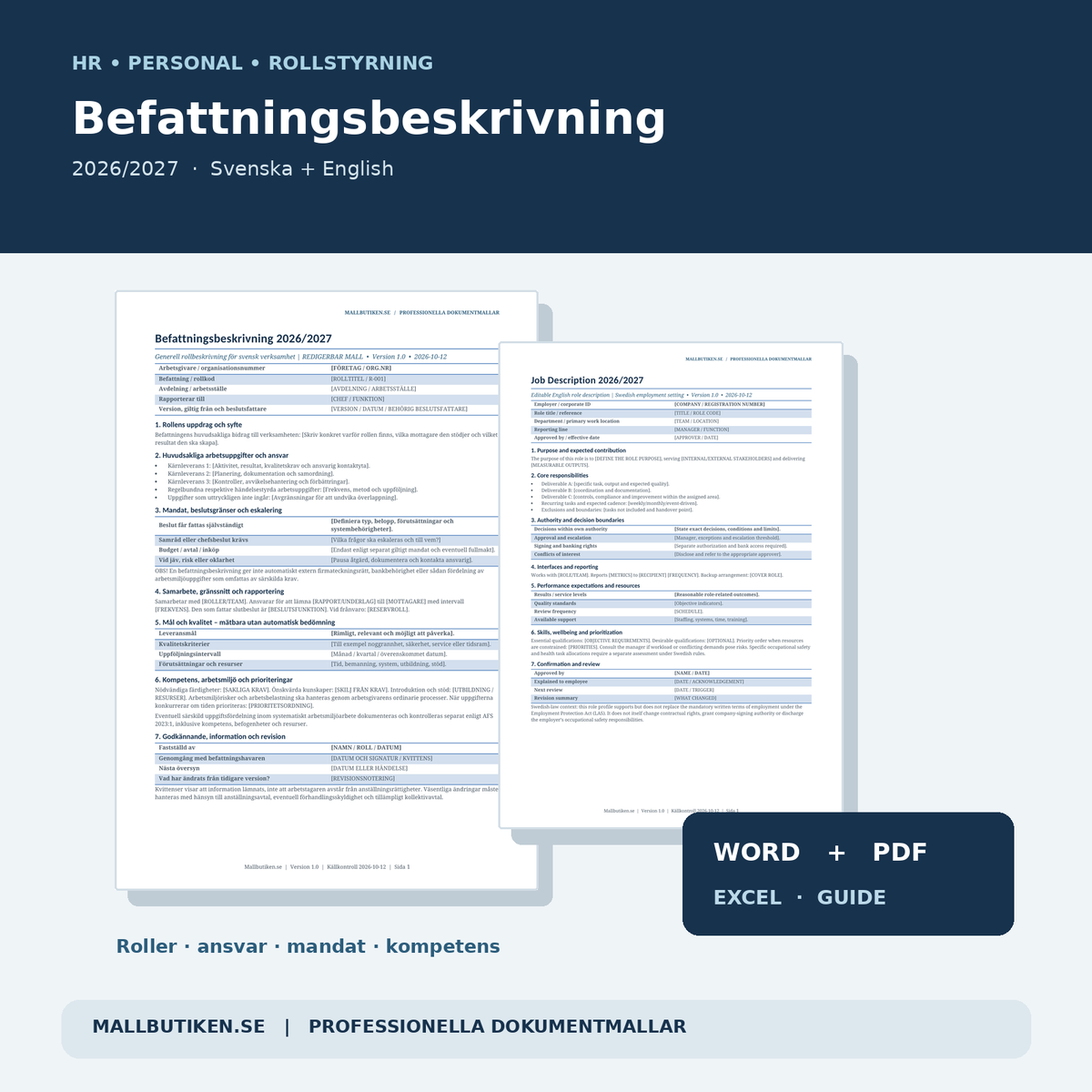 Befattningsbeskrivning mall 2026/2027 Word PDF Excel svenska och engelska