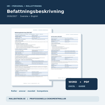 Befattningsbeskrivning mall 2026/2027 Word PDF Excel svenska och engelska