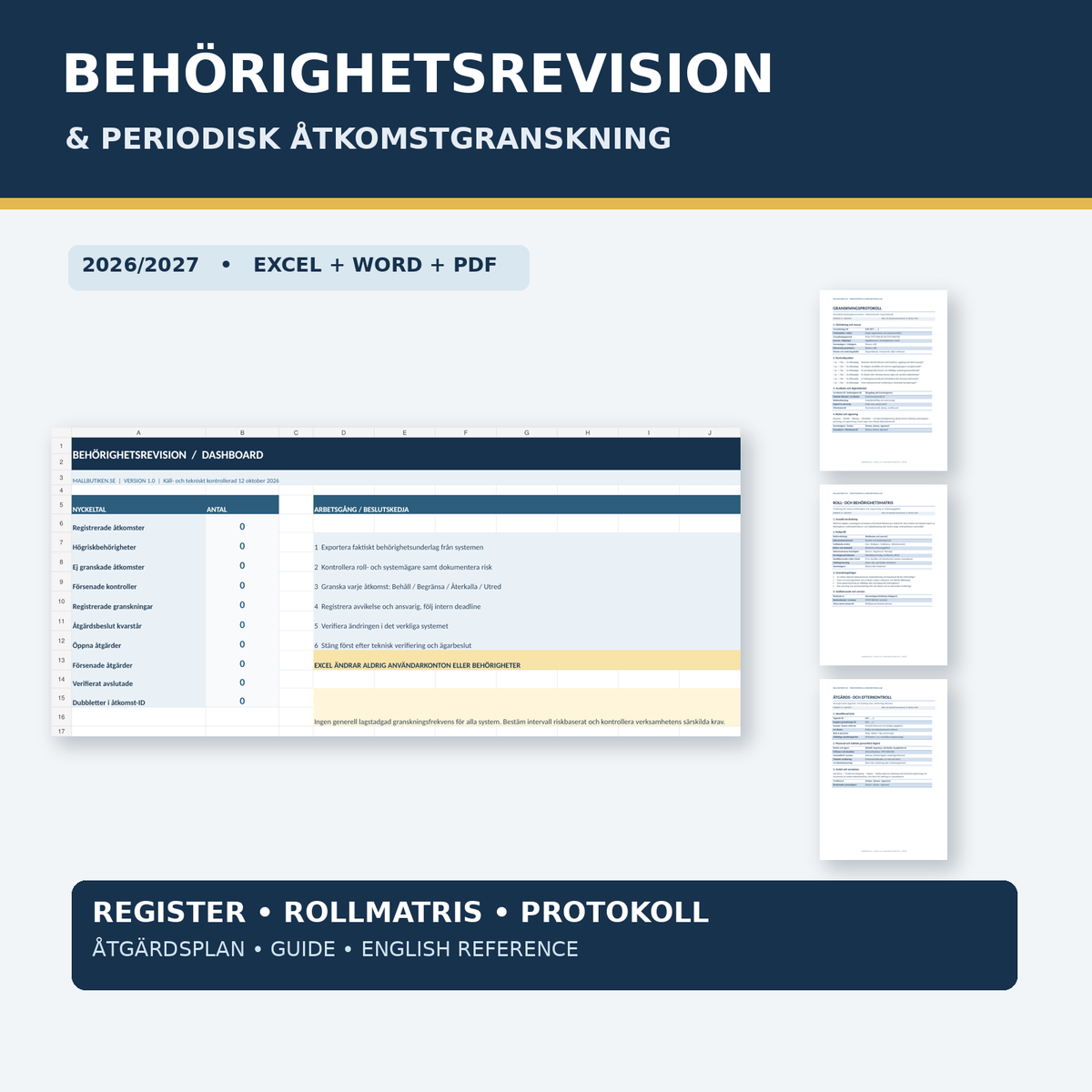 Behörighetsrevision och åtkomstgranskning 2026/2027 Excel Word PDF komplett mallpaket