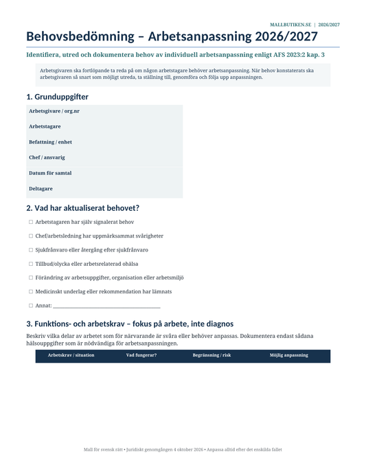 Behovsbedömning arbetsanpassning 2026/2027 AFS 2023:2 Word PDF
