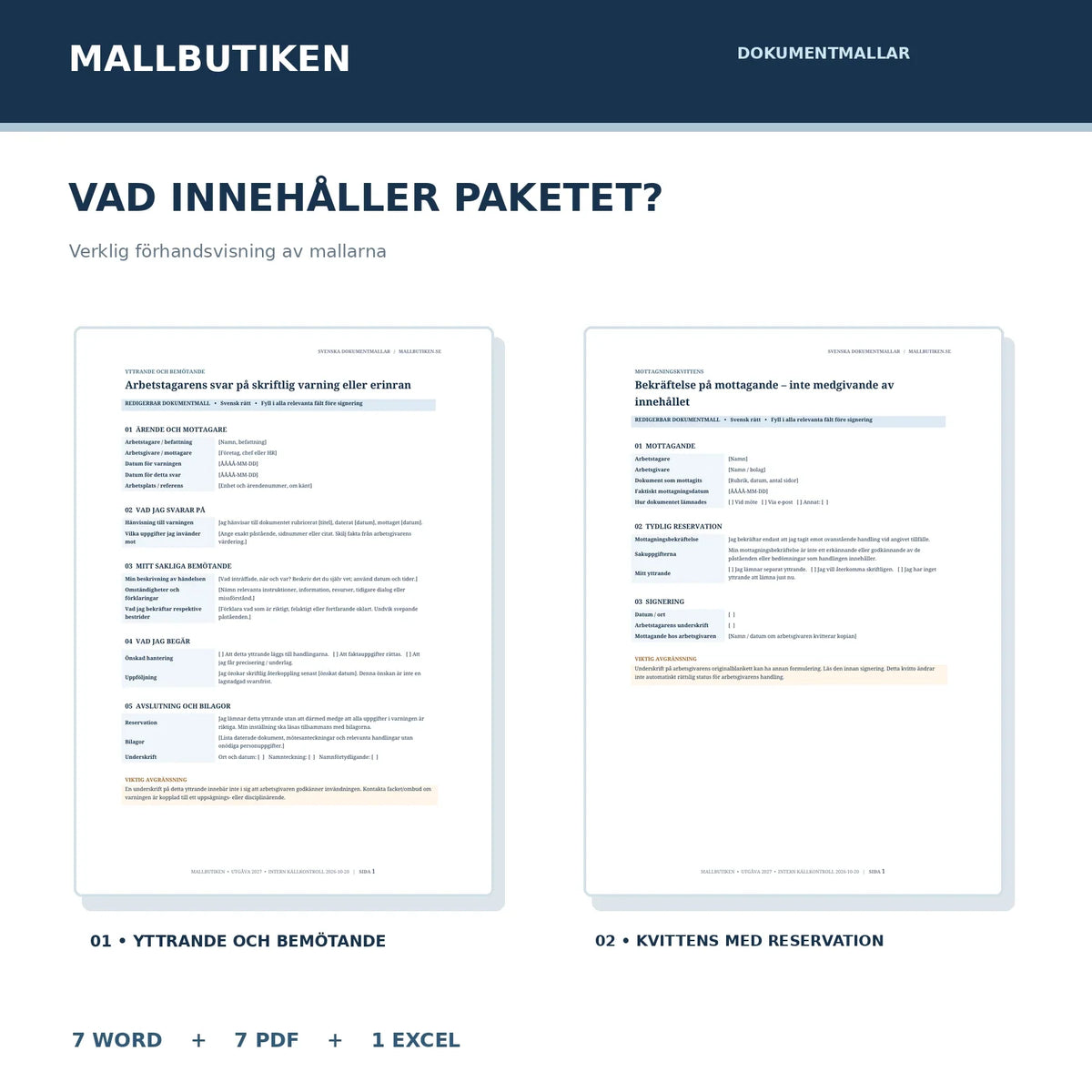 Word- och PDF-mallar för att svara på skriftlig varning och kvittera mottagande med reservation