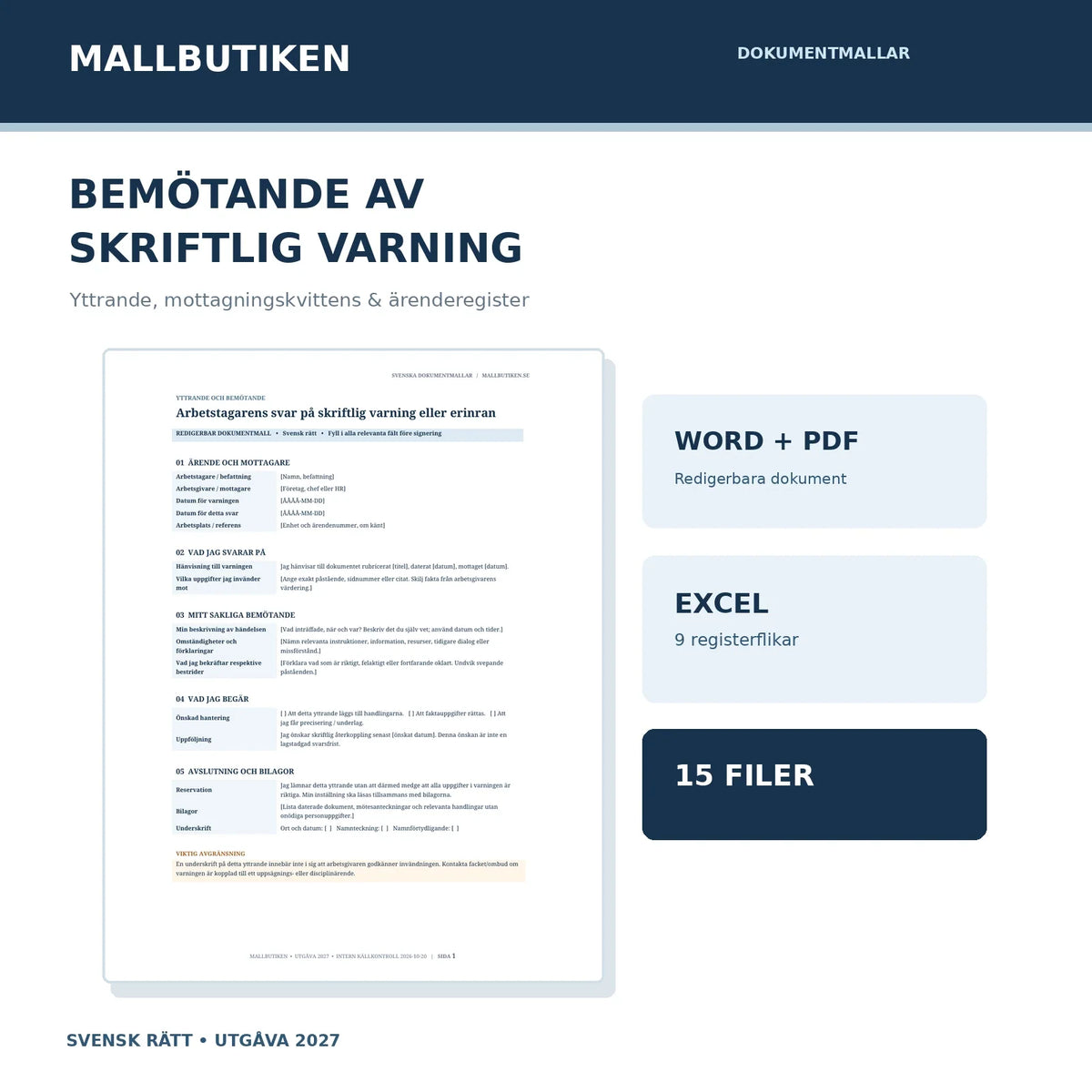 Bemötande av skriftlig varning 2027 – verkligt yttrande och digitala filer Word PDF Excel