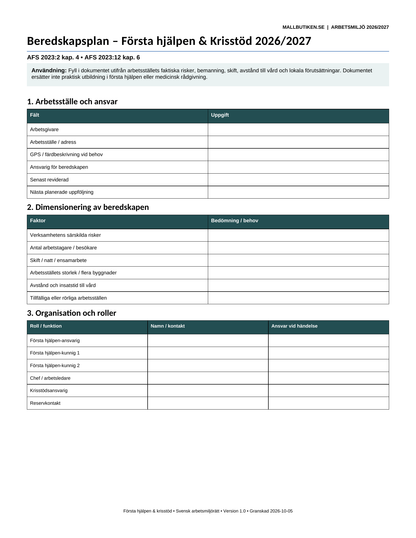 Beredskapsplan första hjälpen krisstöd 2026/2027 AFS 2023:2 Word PDF
