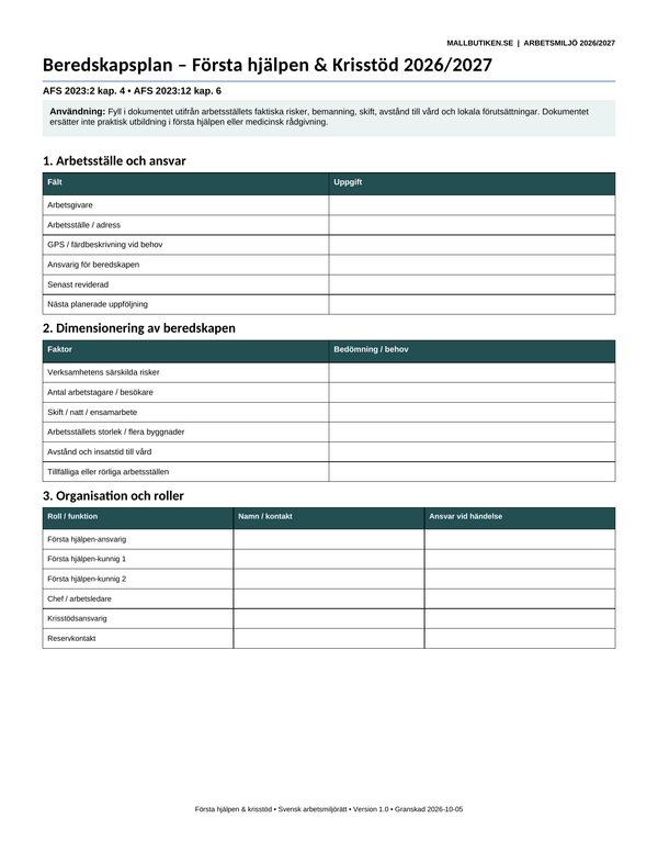 Beredskapsplan första hjälpen krisstöd 2026/2027 AFS 2023:2 Word PDF