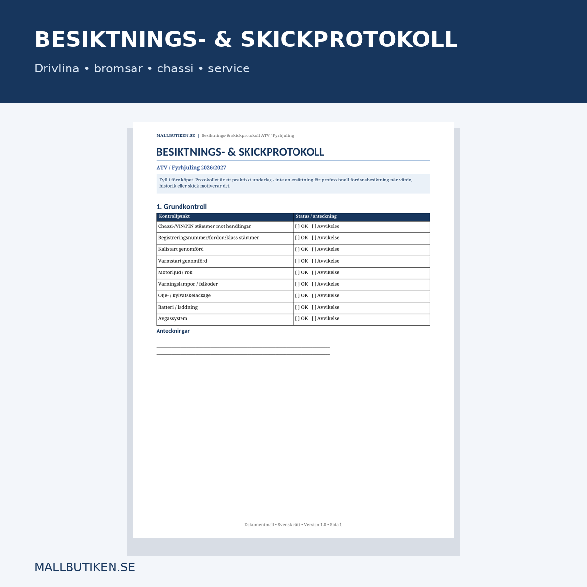 Besiktnings- och skickprotokoll ATV fyrhjuling 2026/2027 – drivlina bromsar chassi