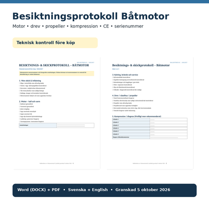 Besiktningsprotokoll båtmotor CE serienummer motor drev propeller 2026/2027