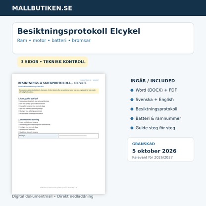 Besiktnings- och skickprotokoll elcykel 2026/2027 ram motor batteri bromsar