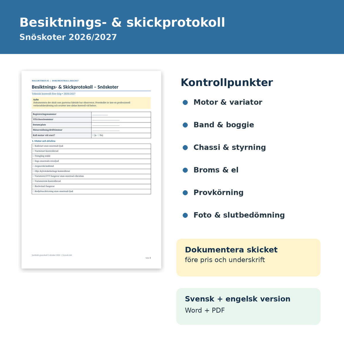 Besiktnings- och skickprotokoll snöskoter 2026/2027 motor variator band boggie