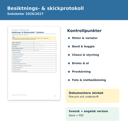 Besiktnings- och skickprotokoll snöskoter 2026/2027 motor variator band boggie