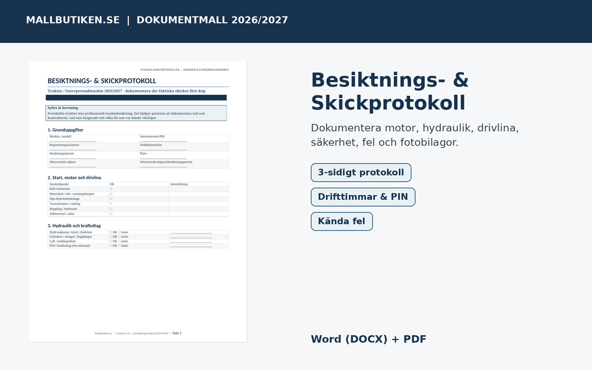 Besiktnings- och skickprotokoll traktor entreprenadmaskin 2026/2027