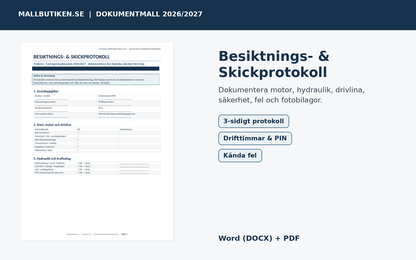 Besiktnings- och skickprotokoll traktor entreprenadmaskin 2026/2027