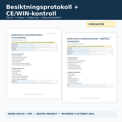Besiktningsprotokoll vattenskoter CE WIN kontroll motor jetpump skrov 2026/2027