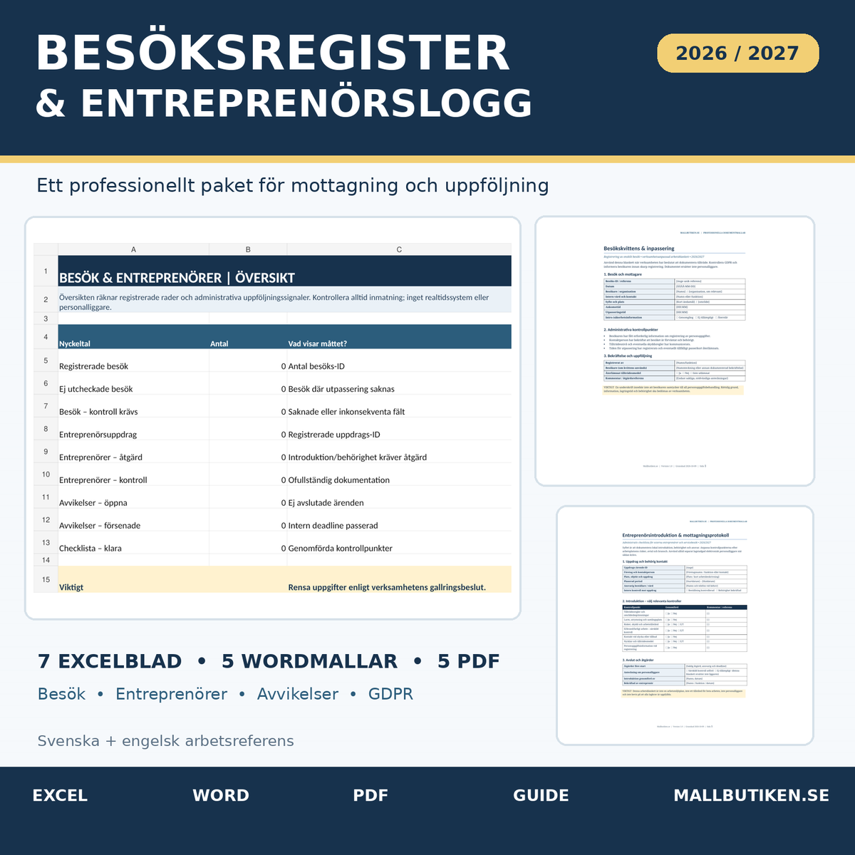 Besöksregister och entreprenörslogg 2026 2027 Excel Word PDF, mallpaket