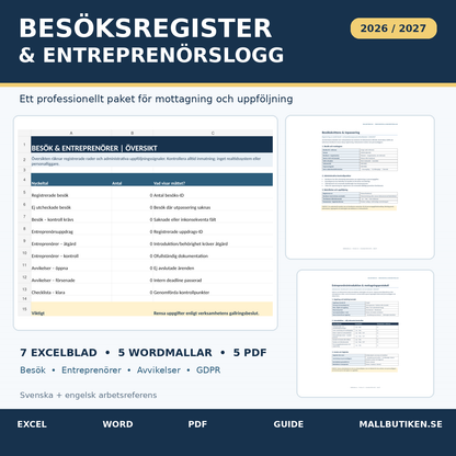 Besöksregister och entreprenörslogg 2026 2027 Excel Word PDF, mallpaket