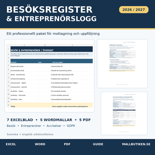 Besöksregister och entreprenörslogg 2026 2027 Excel Word PDF, mallpaket