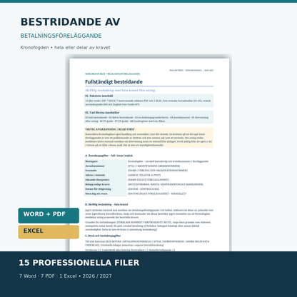 Bestridande av betalningsföreläggande mall för Kronofogden Word PDF Excel med dokumentförhandsvisning