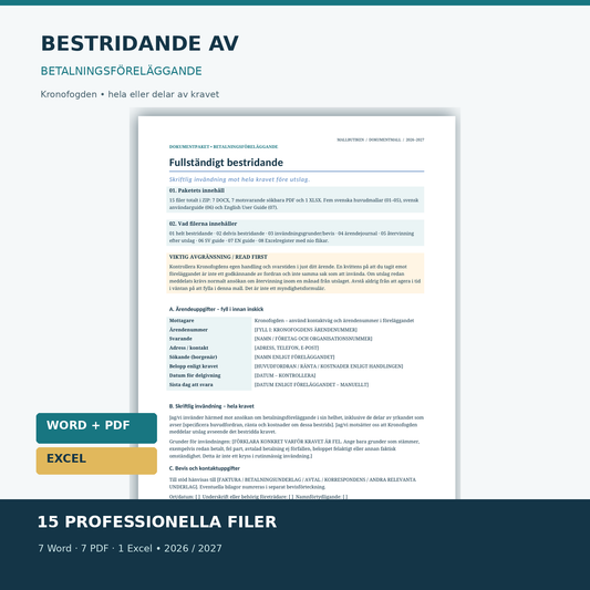 Bestridande av betalningsföreläggande mall för Kronofogden Word PDF Excel med dokumentförhandsvisning