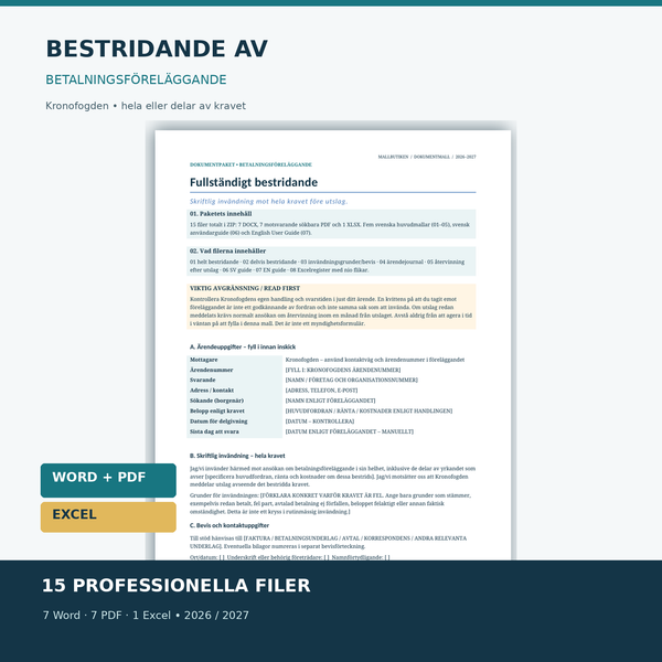 Bestridande av betalningsföreläggande mall för Kronofogden Word PDF Excel med dokumentförhandsvisning