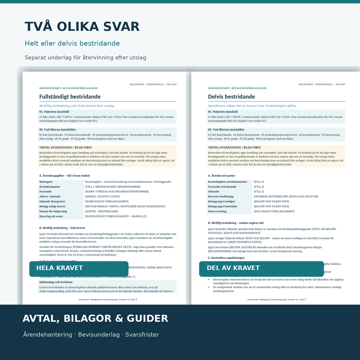 Invändning mot hela eller delar av krav hos Kronofogden i Word och PDF