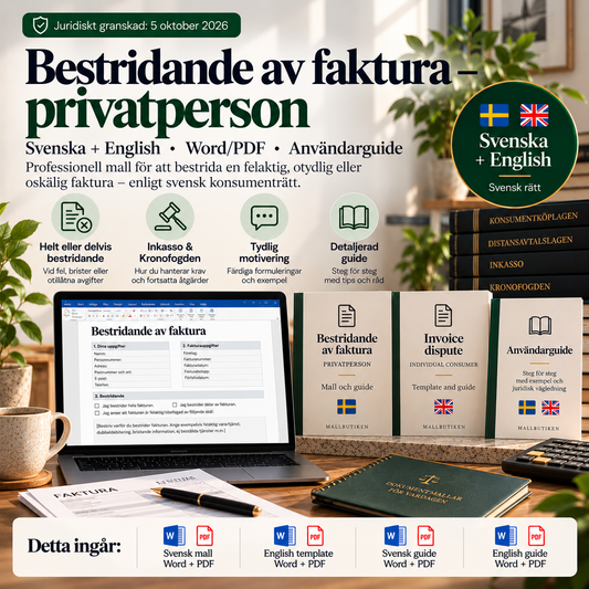 Bestridande av faktura privatperson – svensk och engelsk Word/PDF-mall med användarguide