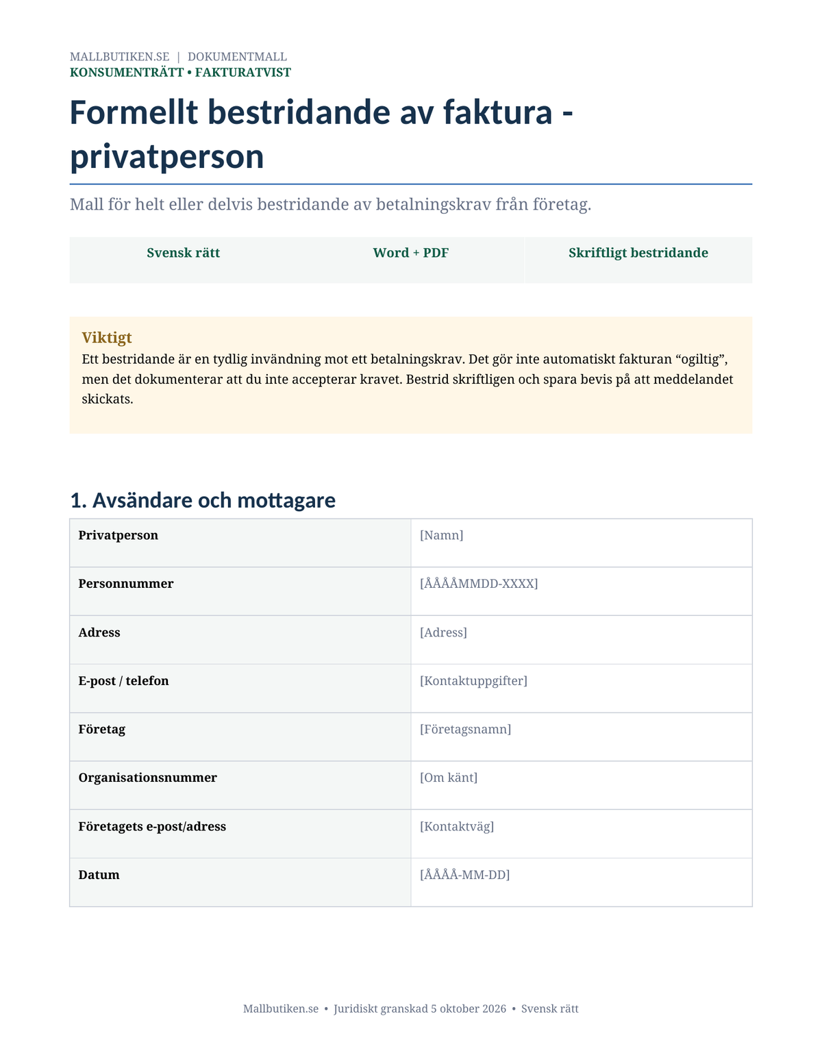 Swedish reference preview for invoice dispute template for private consumers