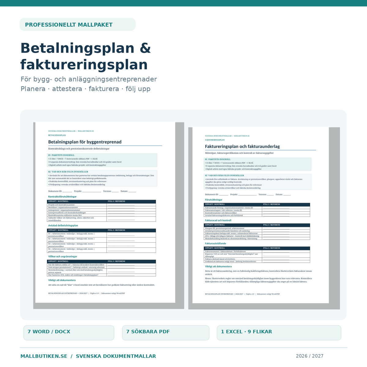 Betalningsplan och faktureringsplan entreprenad 2026 2027 Word PDF Excel